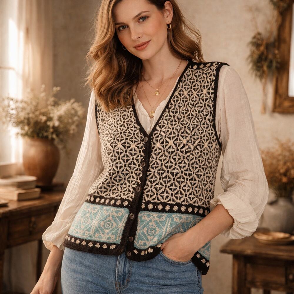 Y2K NY&Co Boho Sweeater Vest Large Fair Isle Pearl Folk Cottage Festival Artsy